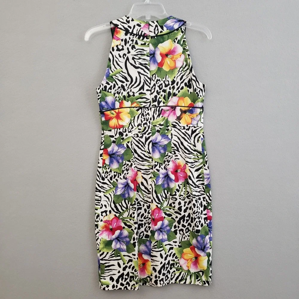 Madison Women Size 4 Tropical Floral Animal Print Sheath Dress V-Neck Cotton Mix - Picture 2 of 15